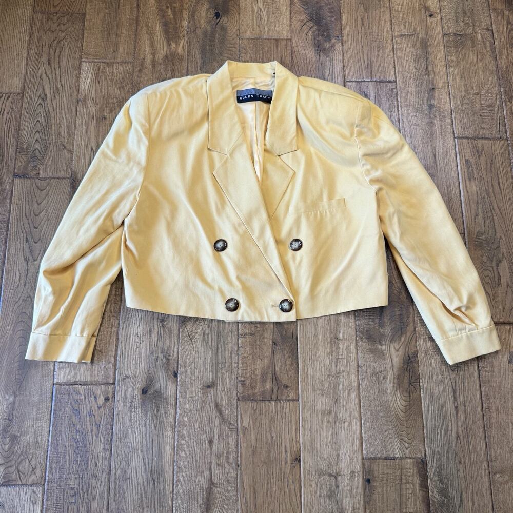 VTG Linda Allard Ellen Tracy Skirt Suit 100% Silk Yellow Beige Womens Sz 16 - Picture 4 of 11